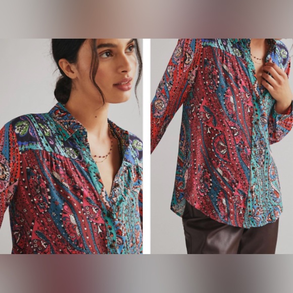 New Anthro MAEVE The Paz Blouse Patchwork Paisley Shirt Top Colorful Floral Pink - Picture 6 of 16